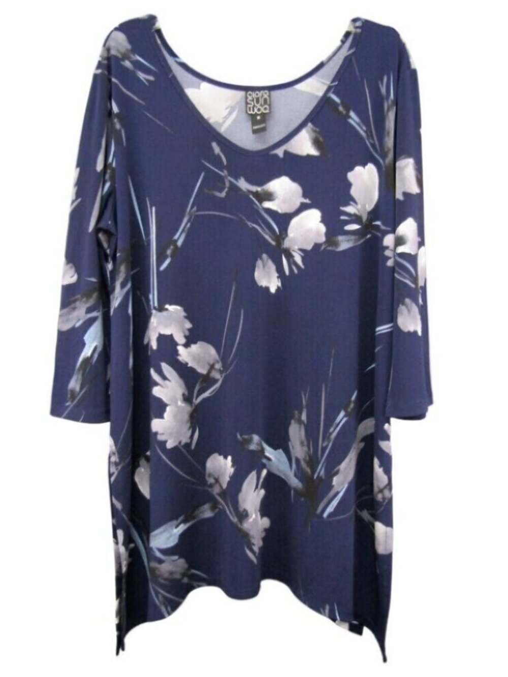 Clara Sun Woo Navy Blue Gray Floral Tunic Top Women Size M Sharkbite Hem 3/4 Slv